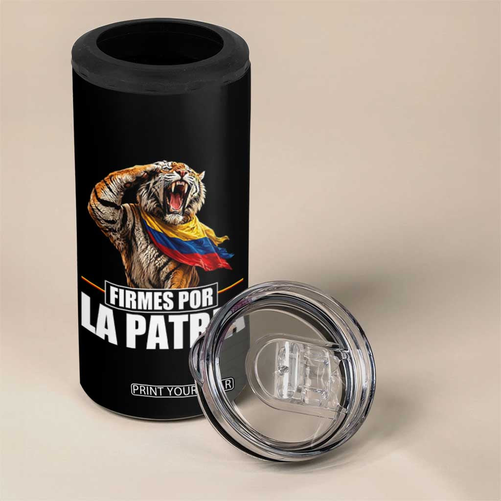 Firmes Por La Patria Colombian Pride 4 in 1 Can Cooler Tumbler Roaring Saluting Tiger Patriotic Colombia Heritage Flag