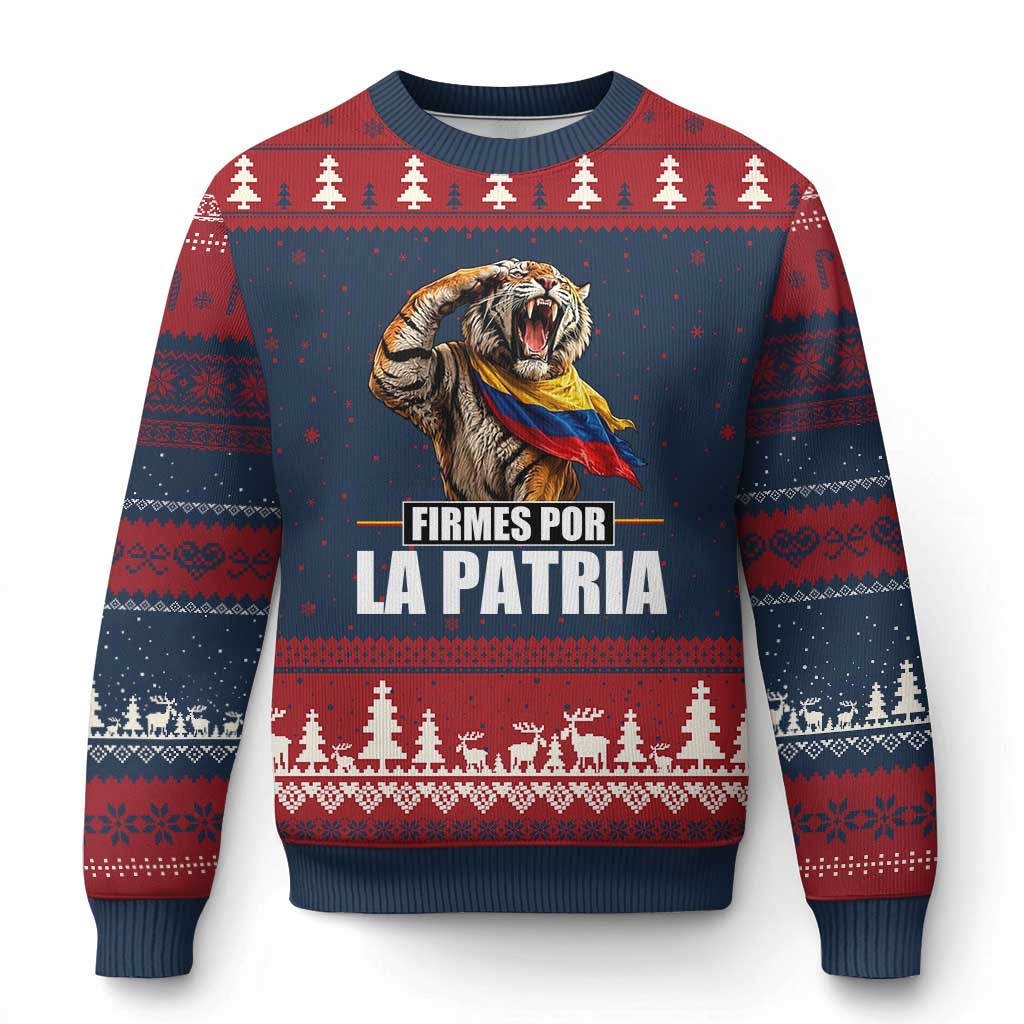 Firmes Por La Patria Colombian Pride Ugly Christmas Sweater Roaring Saluting Tiger Patriotic Colombia Heritage Flag