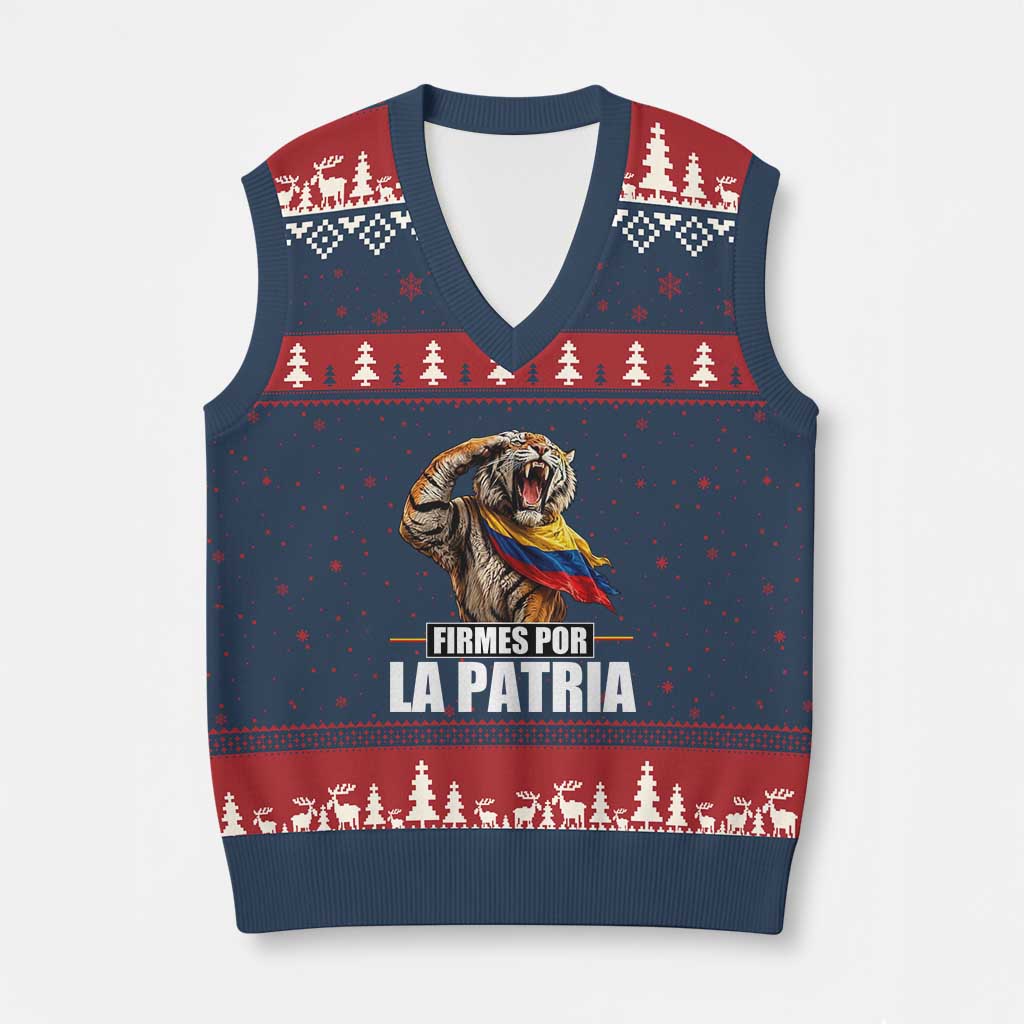 Firmes Por La Patria Colombian Pride V-Neck Knit Sweater Vest Roaring Saluting Tiger Patriotic Colombia Heritage Flag TS02 Navy Red Print Your Wear