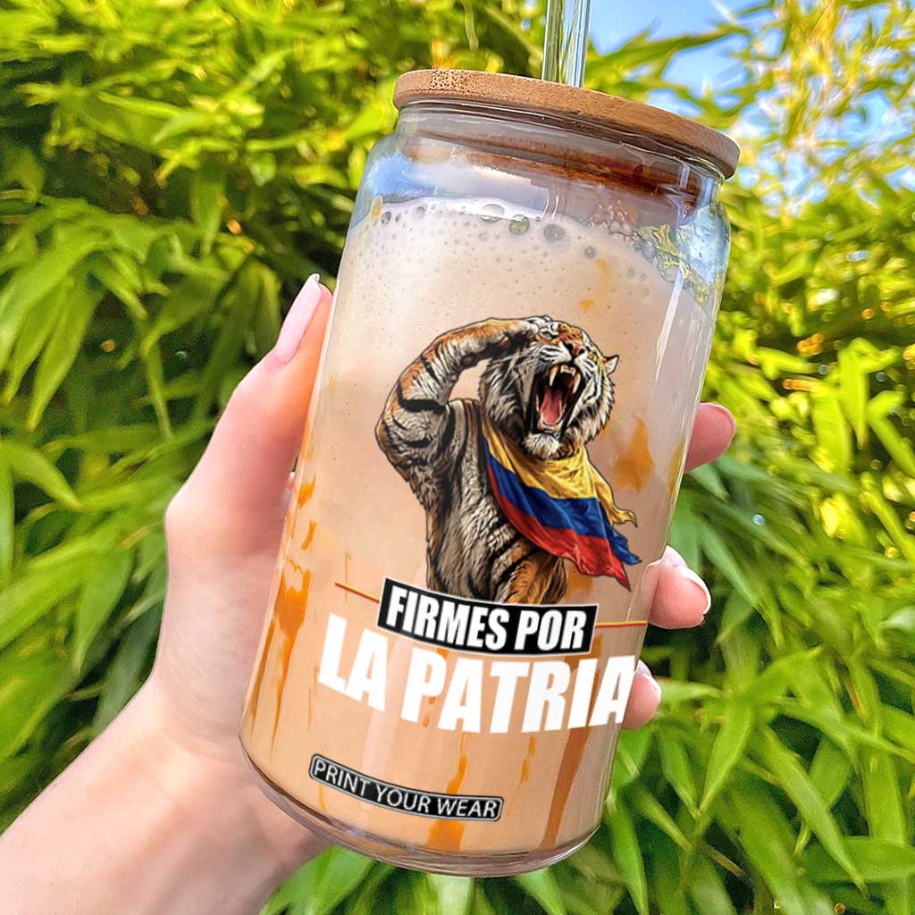Firmes Por La Patria Colombian Pride Glass Can Roaring Saluting Tiger Patriotic Colombia Heritage Flag