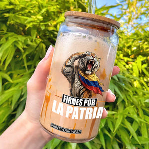 Firmes Por La Patria Colombian Pride Glass Can Roaring Saluting Tiger Patriotic Colombia Heritage Flag