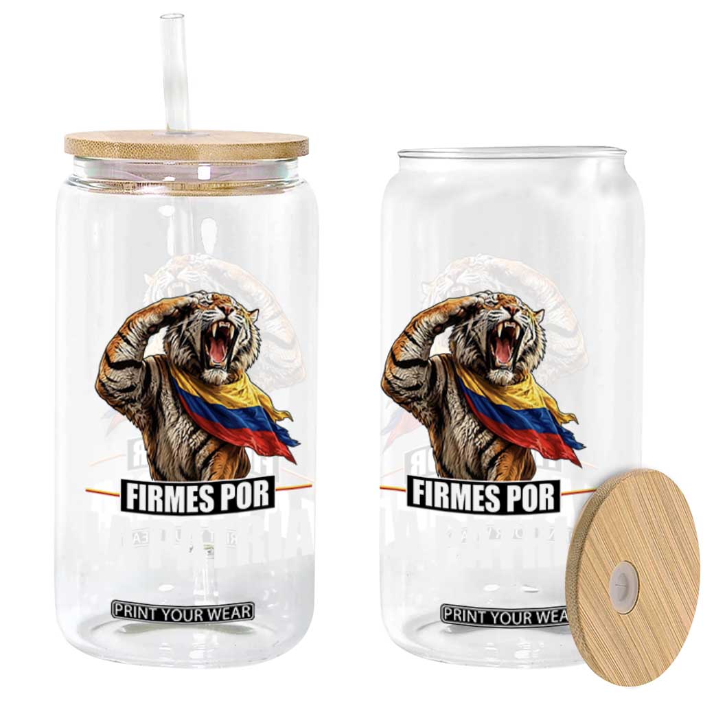 Firmes Por La Patria Colombian Pride Glass Can Roaring Saluting Tiger Patriotic Colombia Heritage Flag