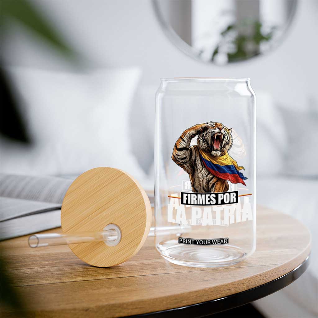 Firmes Por La Patria Colombian Pride Glass Can Roaring Saluting Tiger Patriotic Colombia Heritage Flag