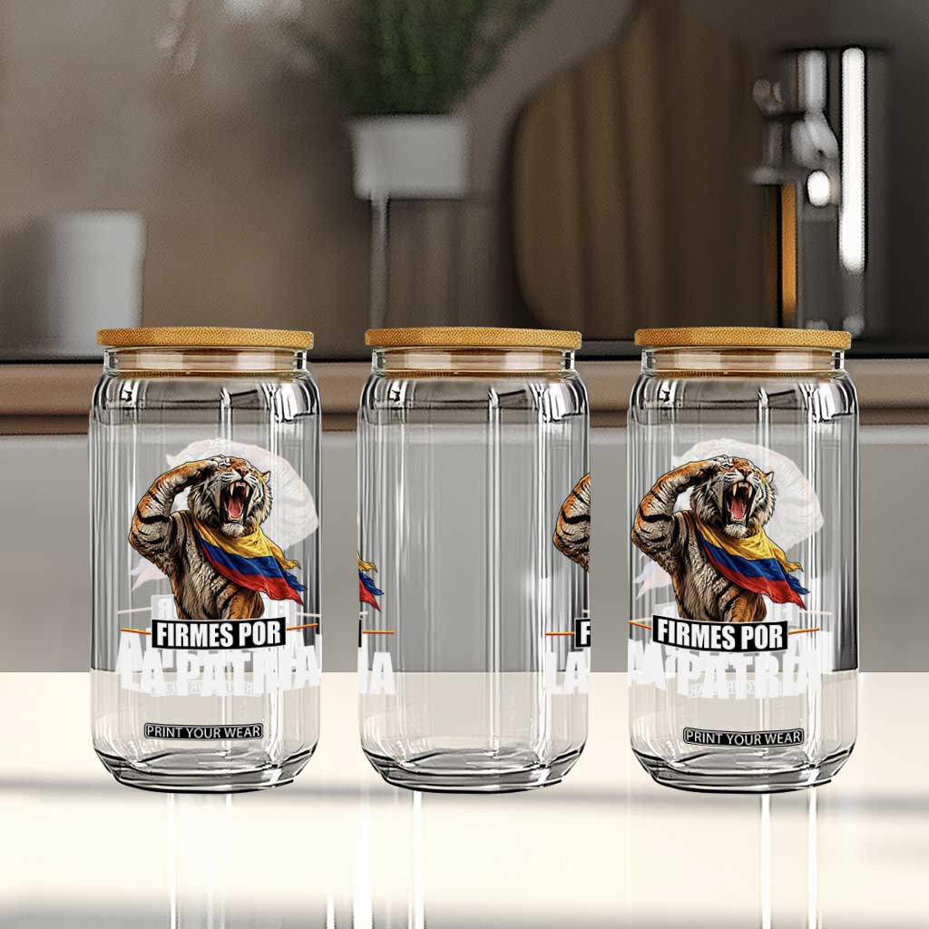 Firmes Por La Patria Colombian Pride Glass Can Roaring Saluting Tiger Patriotic Colombia Heritage Flag