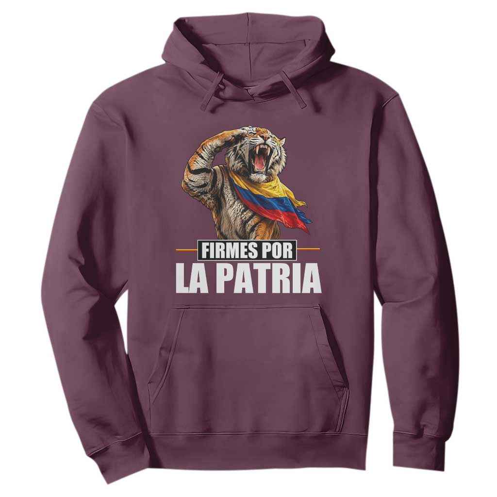 Firmes Por La Patria Colombian Pride Hoodie Roaring Saluting Tiger Patriotic Colombia Heritage Flag