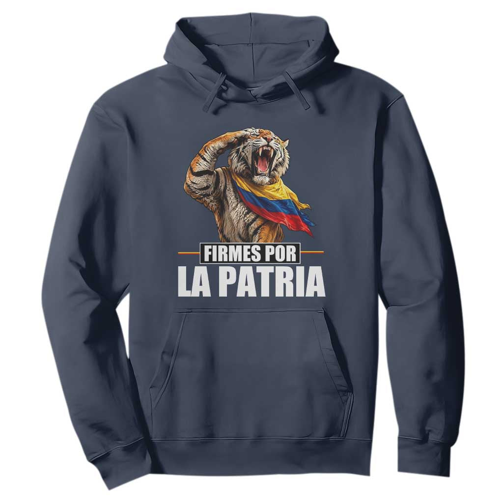 Firmes Por La Patria Colombian Pride Hoodie Roaring Saluting Tiger Patriotic Colombia Heritage Flag