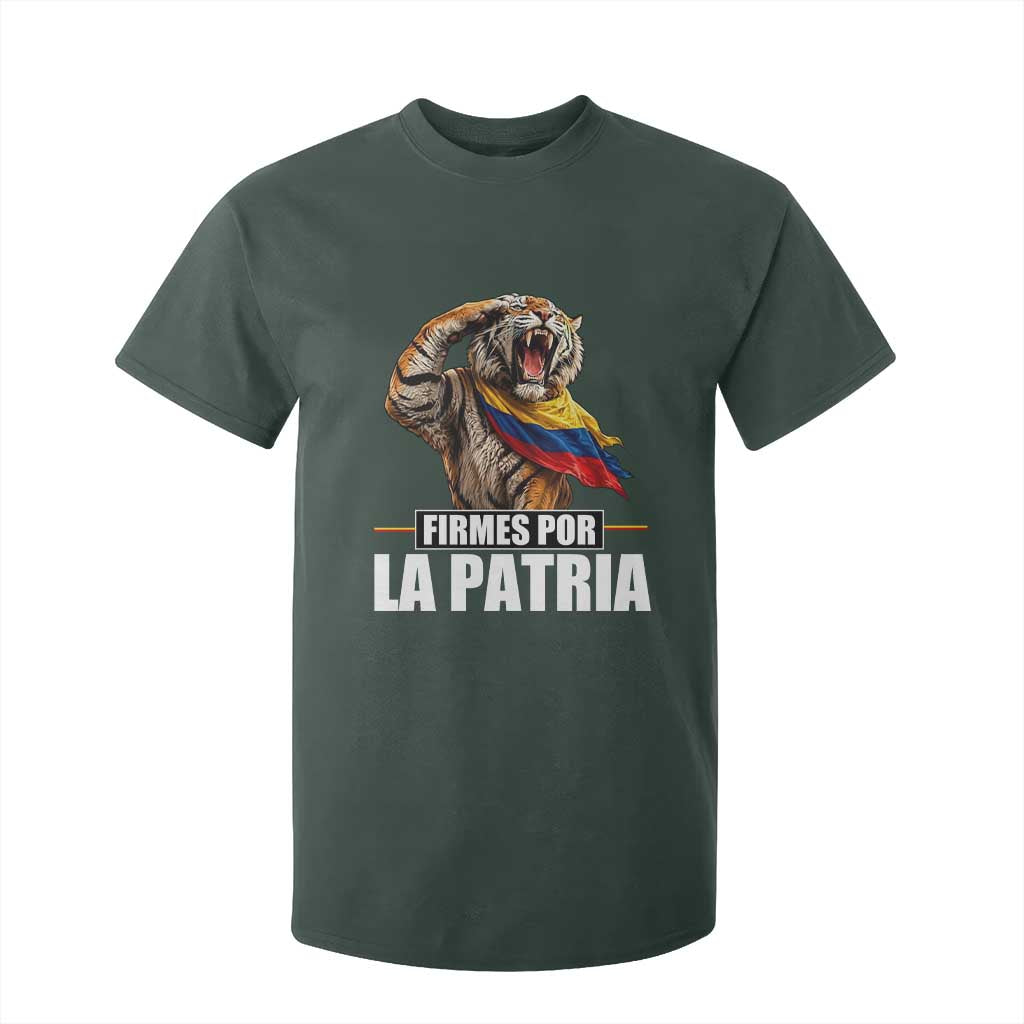 Firmes Por La Patria Colombian Pride T Shirt For Kid Roaring Saluting Tiger Patriotic Colombia Heritage Flag