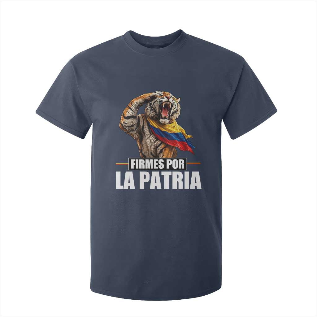 Firmes Por La Patria Colombian Pride T Shirt For Kid Roaring Saluting Tiger Patriotic Colombia Heritage Flag