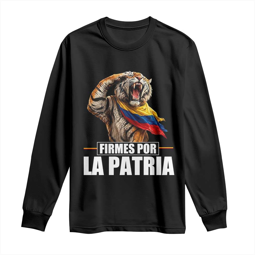 Firmes Por La Patria Colombian Pride Long Sleeve Shirt Roaring Saluting Tiger Patriotic Colombia Heritage Flag