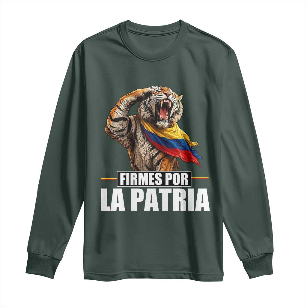 Firmes Por La Patria Colombian Pride Long Sleeve Shirt Roaring Saluting Tiger Patriotic Colombia Heritage Flag