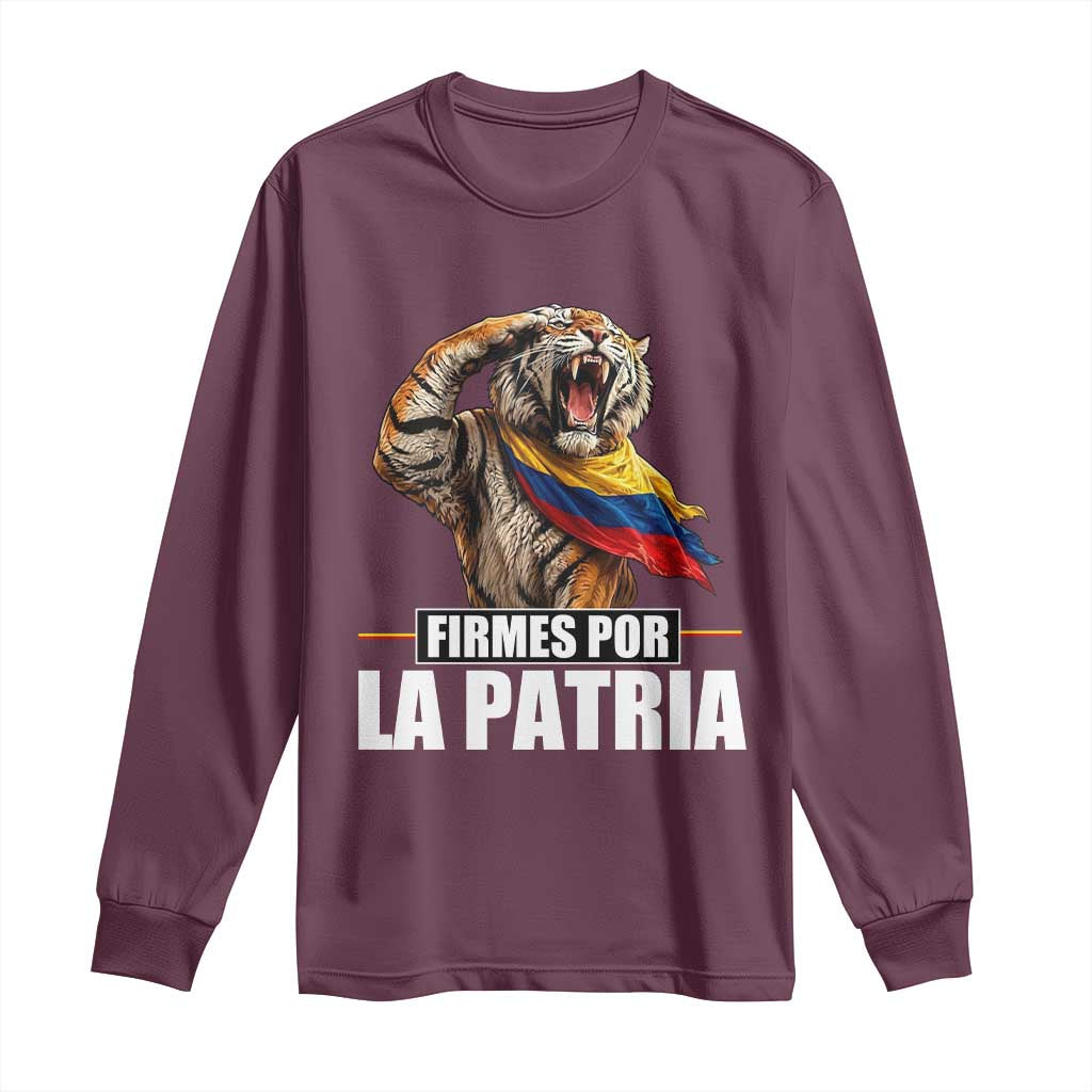 Firmes Por La Patria Colombian Pride Long Sleeve Shirt Roaring Saluting Tiger Patriotic Colombia Heritage Flag