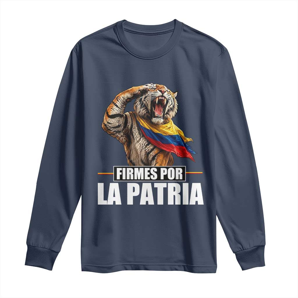 Firmes Por La Patria Colombian Pride Long Sleeve Shirt Roaring Saluting Tiger Patriotic Colombia Heritage Flag