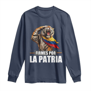 Firmes Por La Patria Colombian Pride Long Sleeve Shirt Roaring Saluting Tiger Patriotic Colombia Heritage Flag