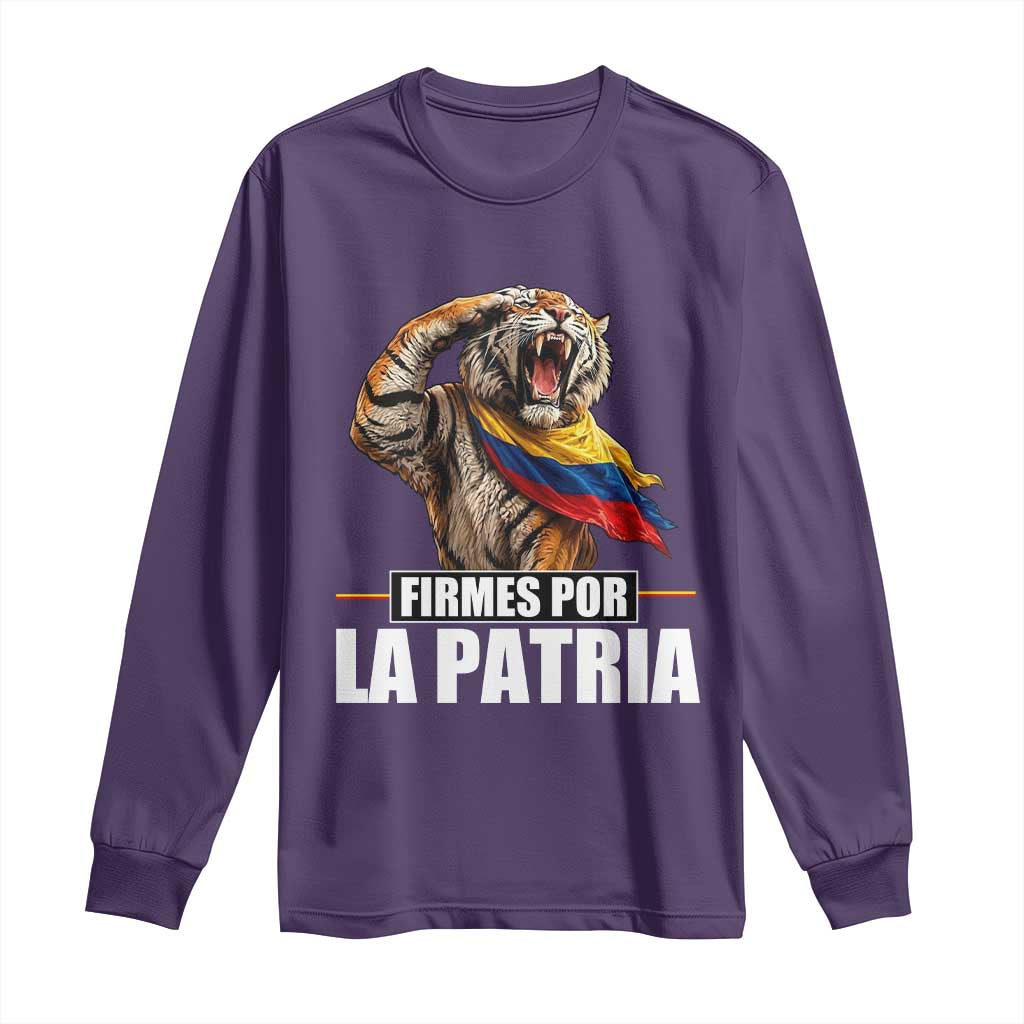 Firmes Por La Patria Colombian Pride Long Sleeve Shirt Roaring Saluting Tiger Patriotic Colombia Heritage Flag