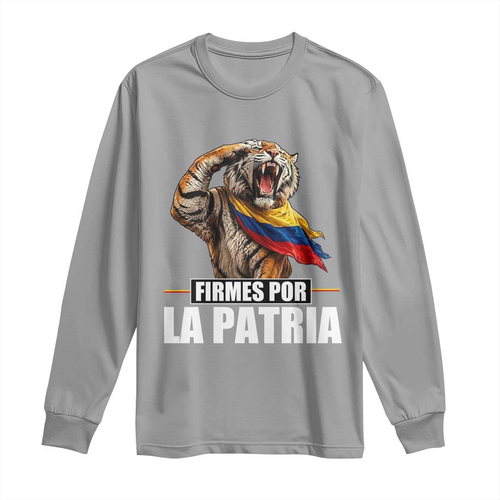 Firmes Por La Patria Colombian Pride Long Sleeve Shirt Roaring Saluting Tiger Patriotic Colombia Heritage Flag