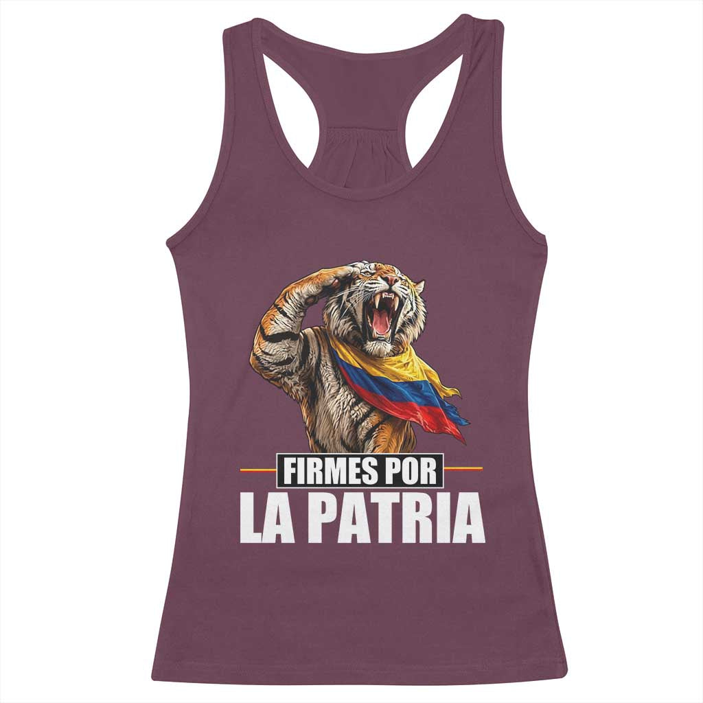 Firmes Por La Patria Colombian Pride Racerback Tank Top Roaring Saluting Tiger Patriotic Colombia Heritage Flag