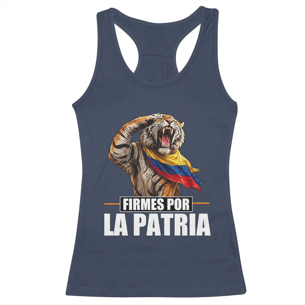 Firmes Por La Patria Colombian Pride Racerback Tank Top Roaring Saluting Tiger Patriotic Colombia Heritage Flag