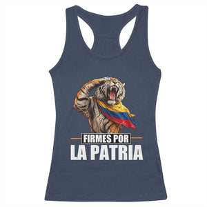 Firmes Por La Patria Colombian Pride Racerback Tank Top Roaring Saluting Tiger Patriotic Colombia Heritage Flag