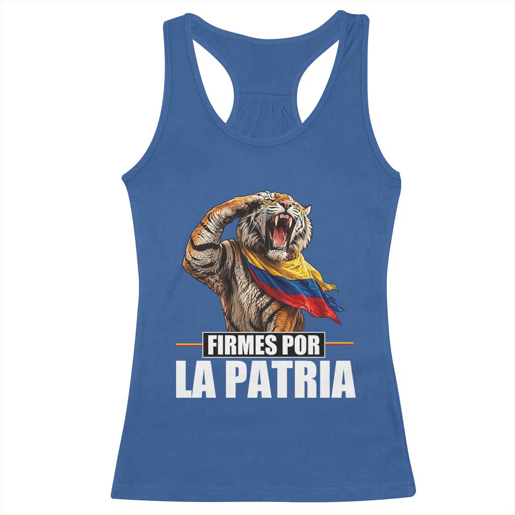 Firmes Por La Patria Colombian Pride Racerback Tank Top Roaring Saluting Tiger Patriotic Colombia Heritage Flag
