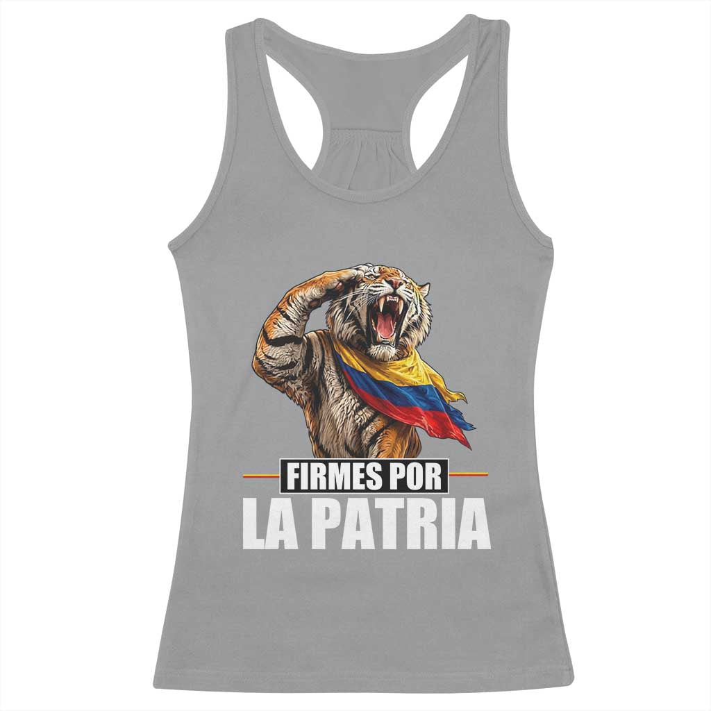 Firmes Por La Patria Colombian Pride Racerback Tank Top Roaring Saluting Tiger Patriotic Colombia Heritage Flag