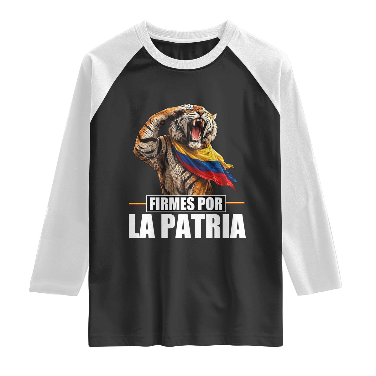 Firmes Por La Patria Colombian Pride Raglan Shirt Roaring Saluting Tiger Patriotic Colombia Heritage Flag