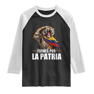 Firmes Por La Patria Colombian Pride Raglan Shirt Roaring Saluting Tiger Patriotic Colombia Heritage Flag