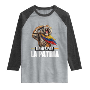 Firmes Por La Patria Colombian Pride Raglan Shirt Roaring Saluting Tiger Patriotic Colombia Heritage Flag