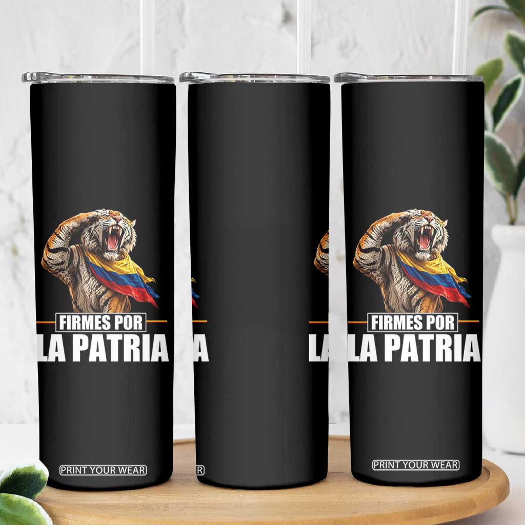 Firmes Por La Patria Colombian Pride Skinny Tumbler Roaring Saluting Tiger Patriotic Colombia Heritage Flag