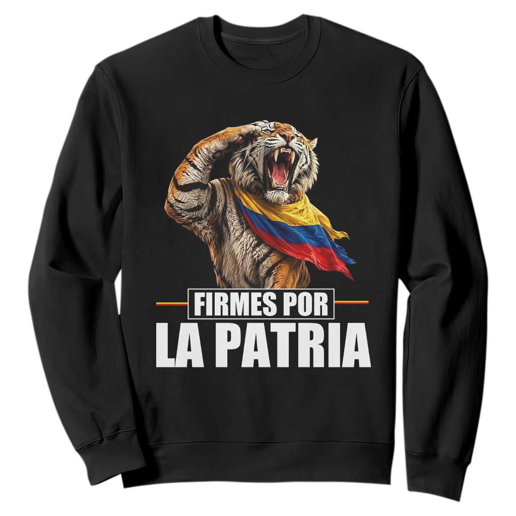 Firmes Por La Patria Colombian Pride Sweatshirt Roaring Saluting Tiger Patriotic Colombia Heritage Flag