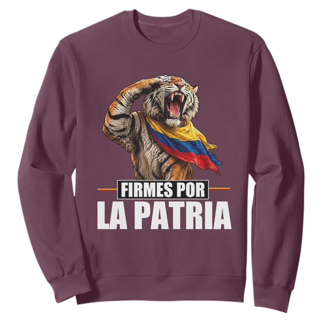 Firmes Por La Patria Colombian Pride Sweatshirt Roaring Saluting Tiger Patriotic Colombia Heritage Flag