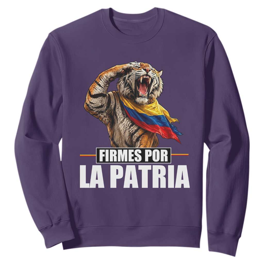 Firmes Por La Patria Colombian Pride Sweatshirt Roaring Saluting Tiger Patriotic Colombia Heritage Flag