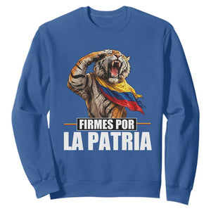 Firmes Por La Patria Colombian Pride Sweatshirt Roaring Saluting Tiger Patriotic Colombia Heritage Flag