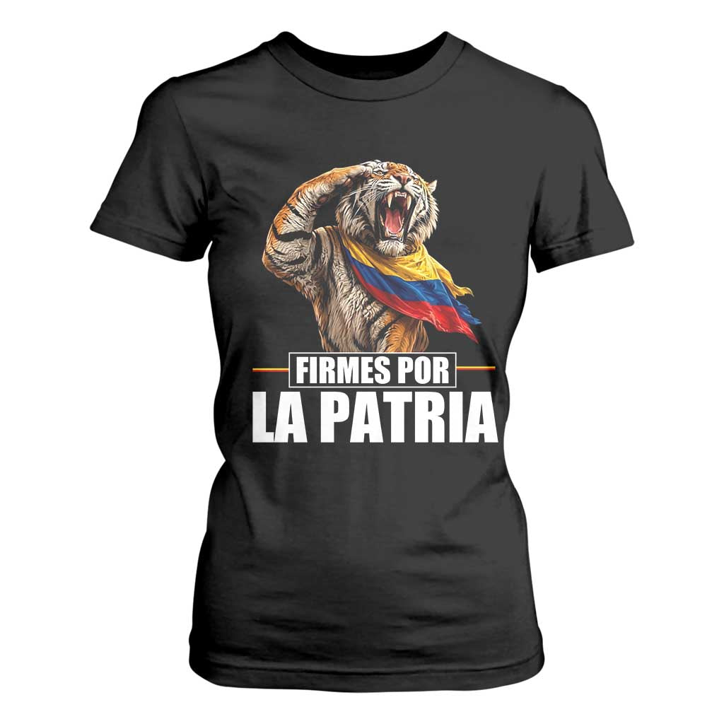 Firmes Por La Patria Colombian Pride T Shirt For Women Roaring Saluting Tiger Patriotic Colombia Heritage Flag TS02 Black Print Your Wear