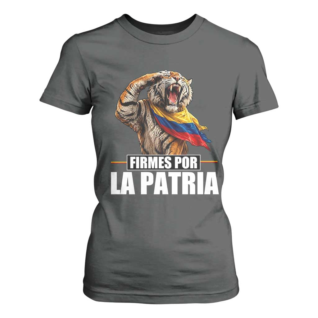 Firmes Por La Patria Colombian Pride T Shirt For Women Roaring Saluting Tiger Patriotic Colombia Heritage Flag