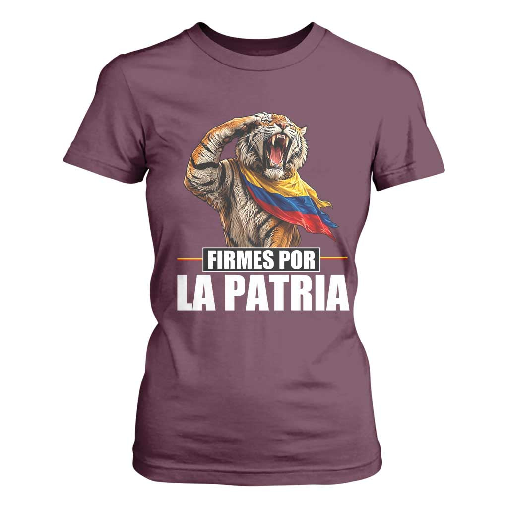 Firmes Por La Patria Colombian Pride T Shirt For Women Roaring Saluting Tiger Patriotic Colombia Heritage Flag