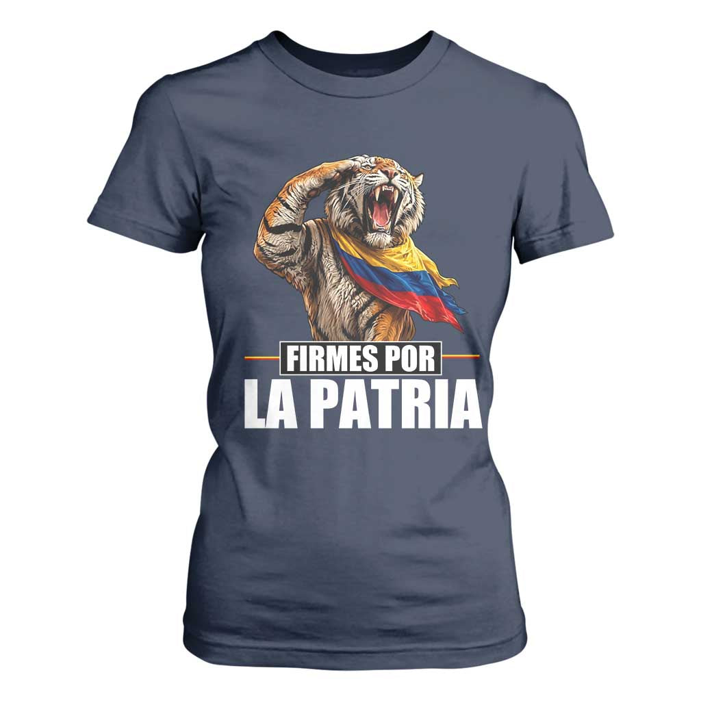 Firmes Por La Patria Colombian Pride T Shirt For Women Roaring Saluting Tiger Patriotic Colombia Heritage Flag