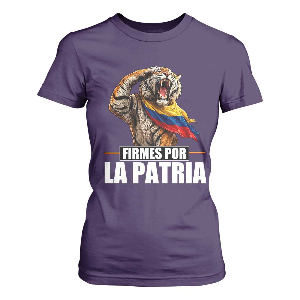 Firmes Por La Patria Colombian Pride T Shirt For Women Roaring Saluting Tiger Patriotic Colombia Heritage Flag