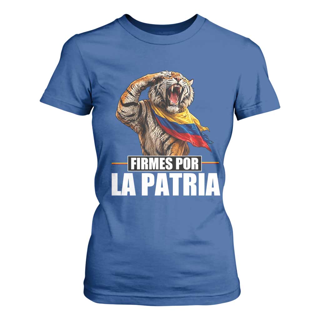 Firmes Por La Patria Colombian Pride T Shirt For Women Roaring Saluting Tiger Patriotic Colombia Heritage Flag