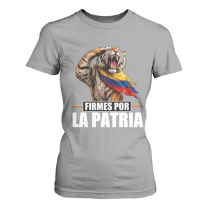 Firmes Por La Patria Colombian Pride T Shirt For Women Roaring Saluting Tiger Patriotic Colombia Heritage Flag