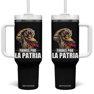 Firmes Por La Patria Colombian Pride Tumbler With Handle Roaring Saluting Tiger Patriotic Colombia Heritage Flag