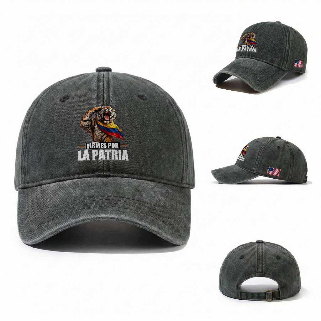 Firmes Por La Patria Colombian Pride Washed Cotton Baseball Cap Roaring Saluting Tiger Patriotic Colombia Heritage Flag