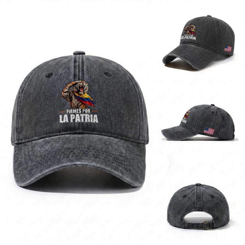 Firmes Por La Patria Colombian Pride Washed Cotton Baseball Cap Roaring Saluting Tiger Patriotic Colombia Heritage Flag