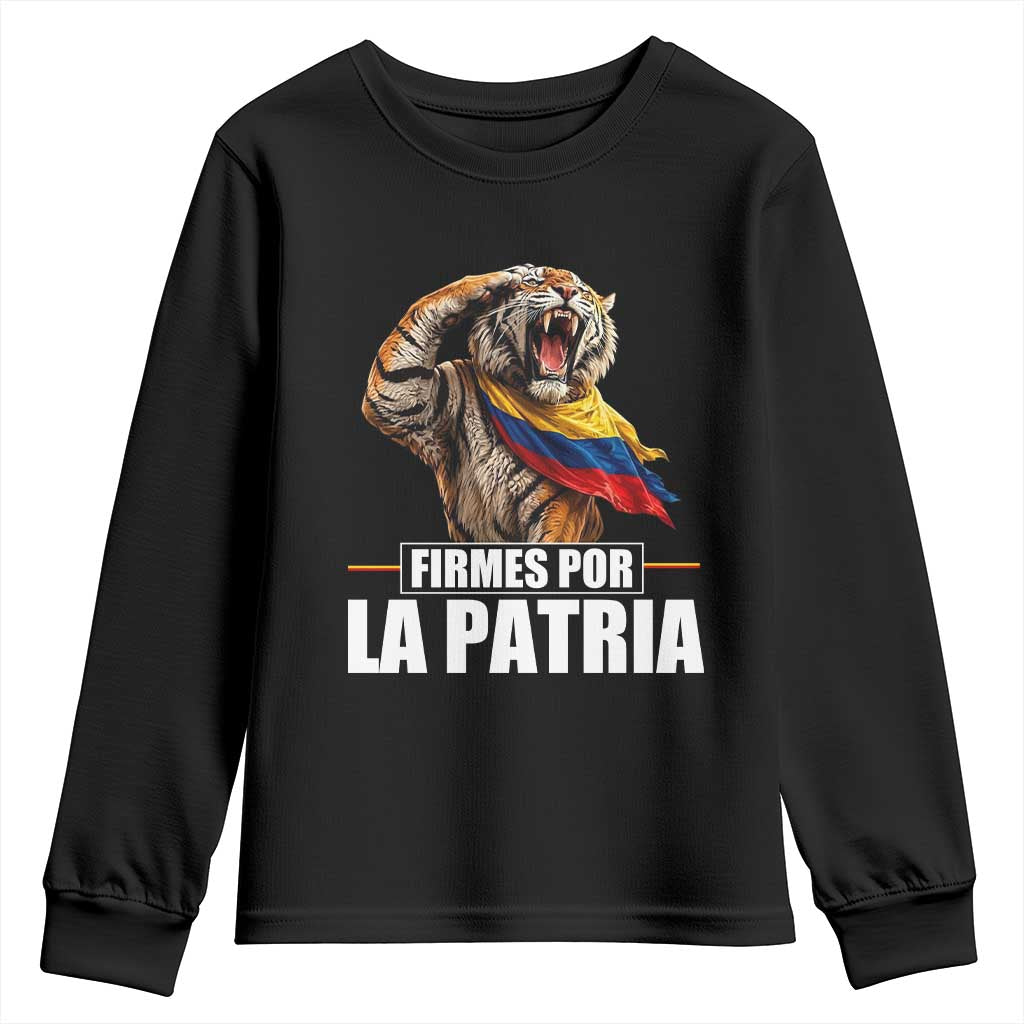 Firmes Por La Patria Colombian Pride Youth Sweatshirt Roaring Saluting Tiger Patriotic Colombia Heritage Flag TS02 Black Print Your Wear
