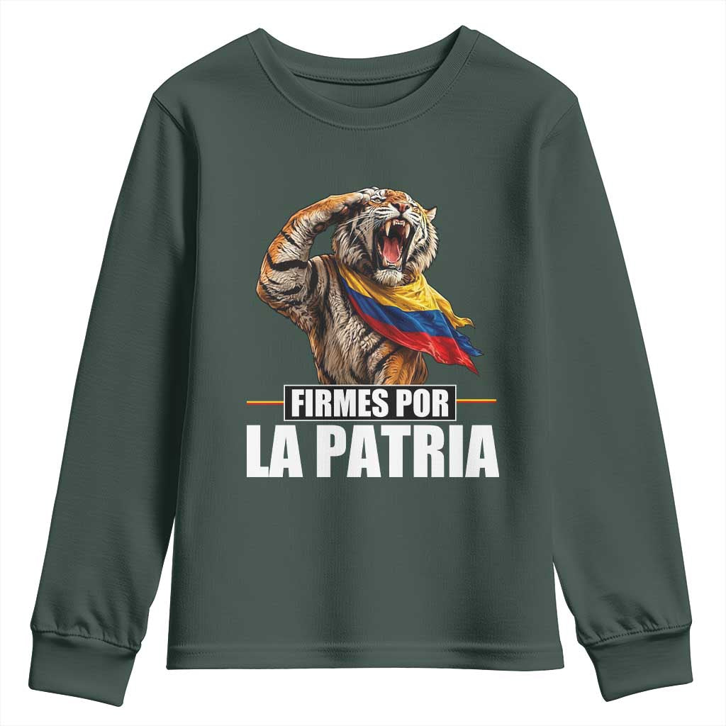 Firmes Por La Patria Colombian Pride Youth Sweatshirt Roaring Saluting Tiger Patriotic Colombia Heritage Flag