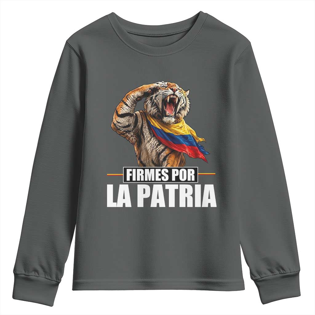 Firmes Por La Patria Colombian Pride Youth Sweatshirt Roaring Saluting Tiger Patriotic Colombia Heritage Flag