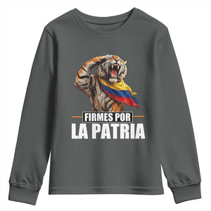 Firmes Por La Patria Colombian Pride Youth Sweatshirt Roaring Saluting Tiger Patriotic Colombia Heritage Flag