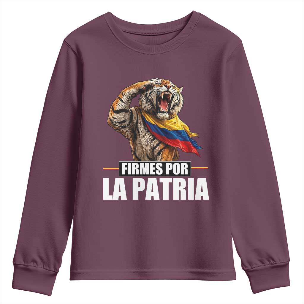Firmes Por La Patria Colombian Pride Youth Sweatshirt Roaring Saluting Tiger Patriotic Colombia Heritage Flag