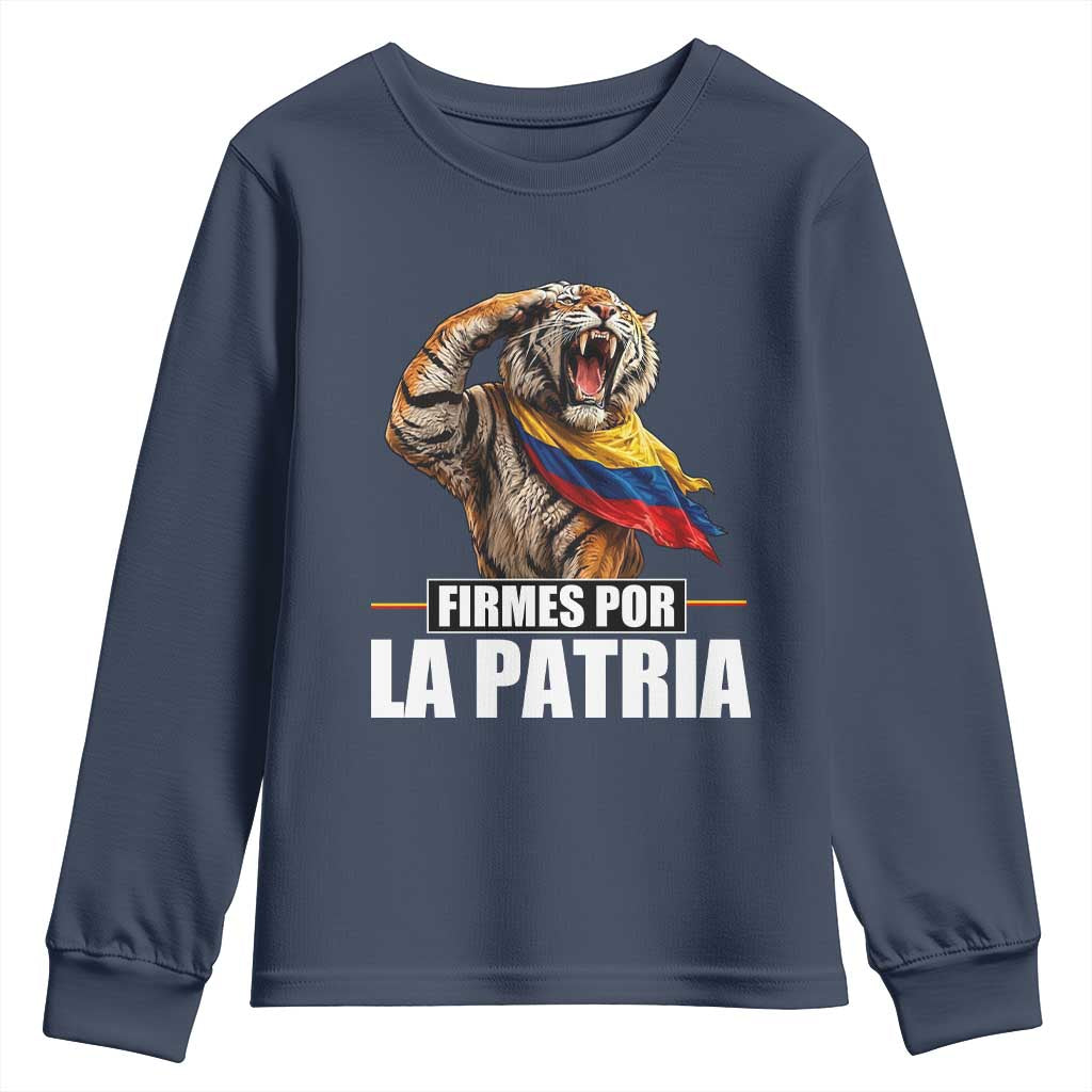 Firmes Por La Patria Colombian Pride Youth Sweatshirt Roaring Saluting Tiger Patriotic Colombia Heritage Flag