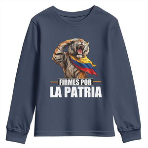 Firmes Por La Patria Colombian Pride Youth Sweatshirt Roaring Saluting Tiger Patriotic Colombia Heritage Flag