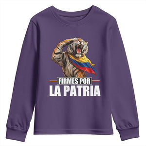 Firmes Por La Patria Colombian Pride Youth Sweatshirt Roaring Saluting Tiger Patriotic Colombia Heritage Flag